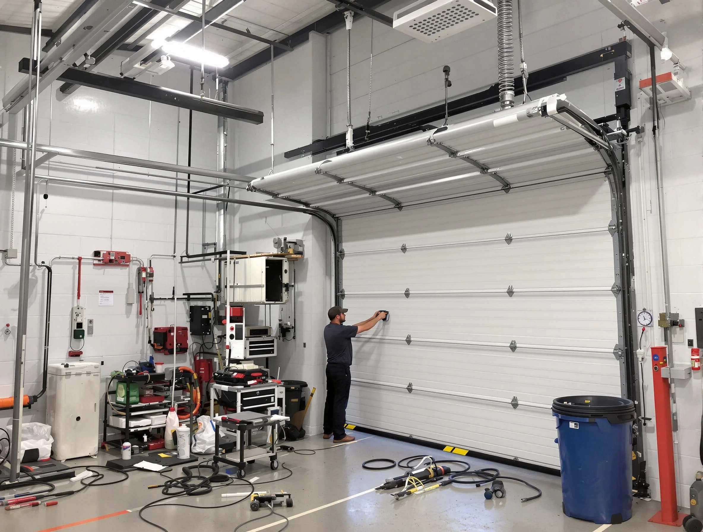 Pawtucket Garage Door Repair certified technician performing commercial door repair at a Pawtucket business facility