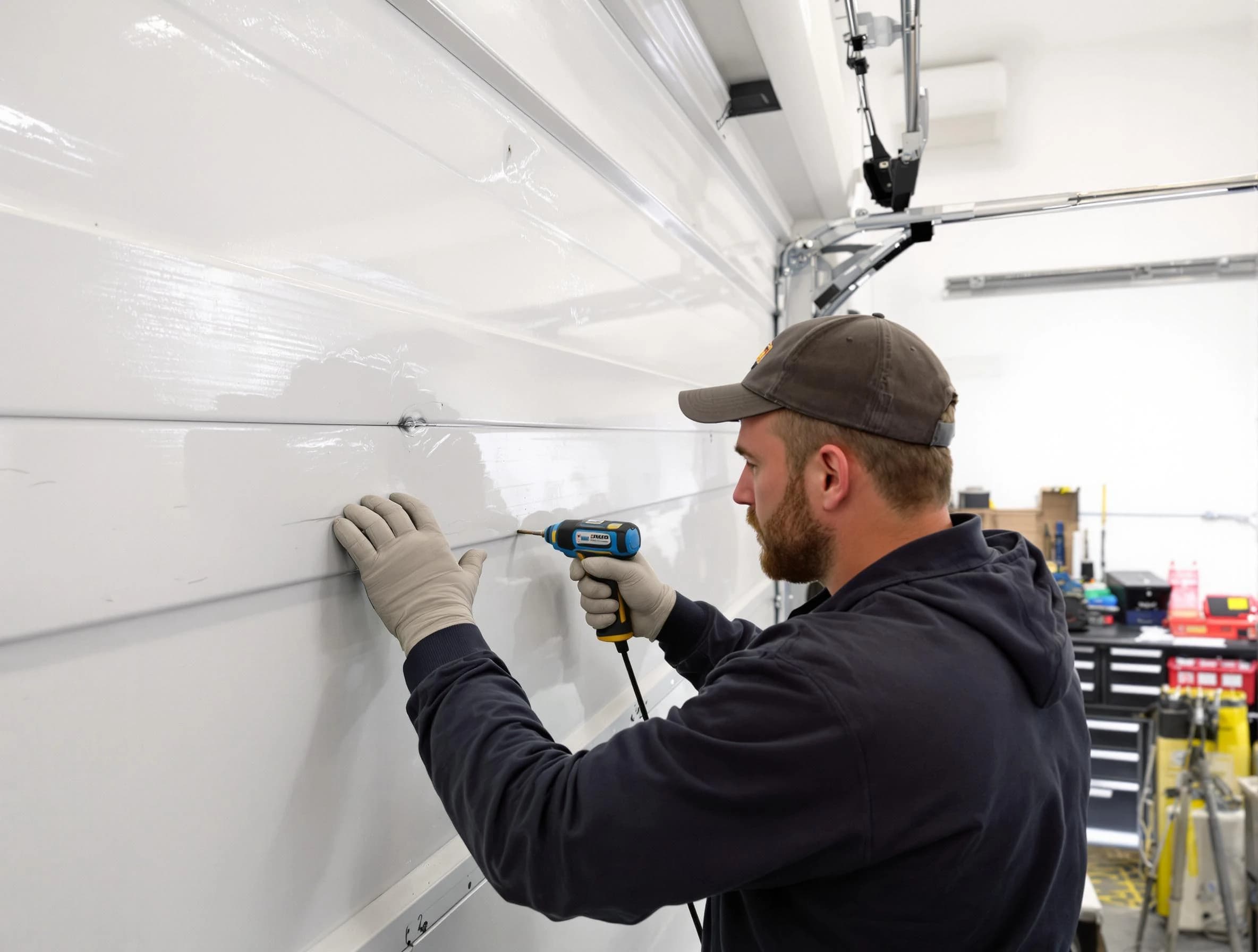 Pawtucket Garage Door Repair technician demonstrating precision dent removal techniques on a Pawtucket garage door