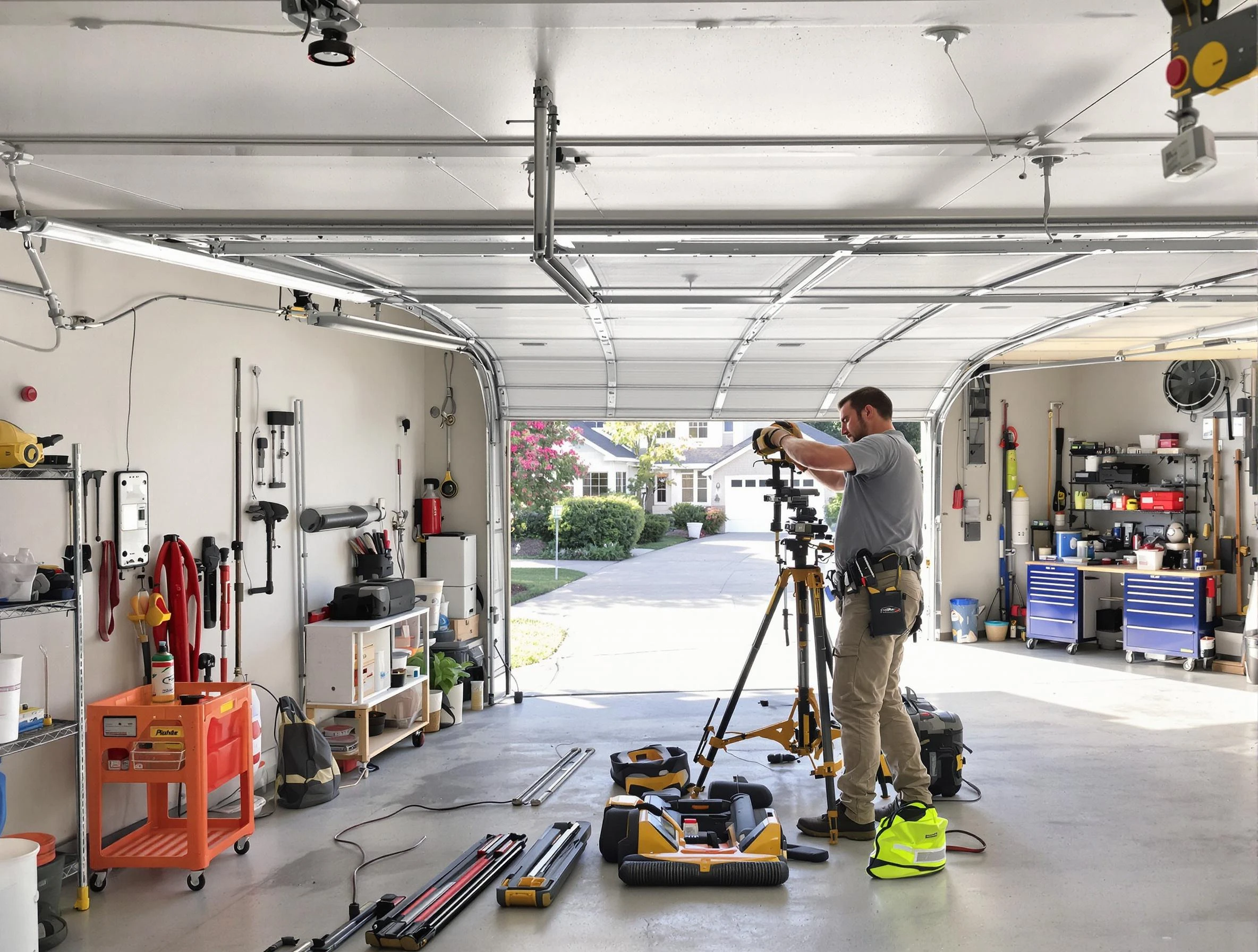 Pawtucket Garage Door Repair specialist performing laser-guided track alignment in Pawtucket